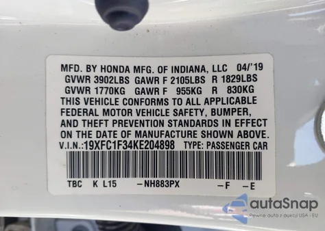 2019 Honda Civic Ex from USA, damaged, VIN 19XFC1F34KE204898